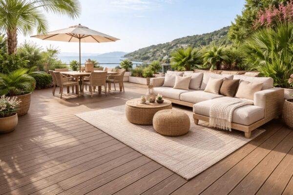 tarima exterior en Mallorca en terraza moderna con vistas al mar