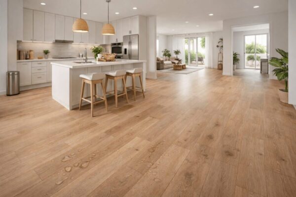 suelo vinílico en Mallorca efecto madera resistente al agua en cocina moderna